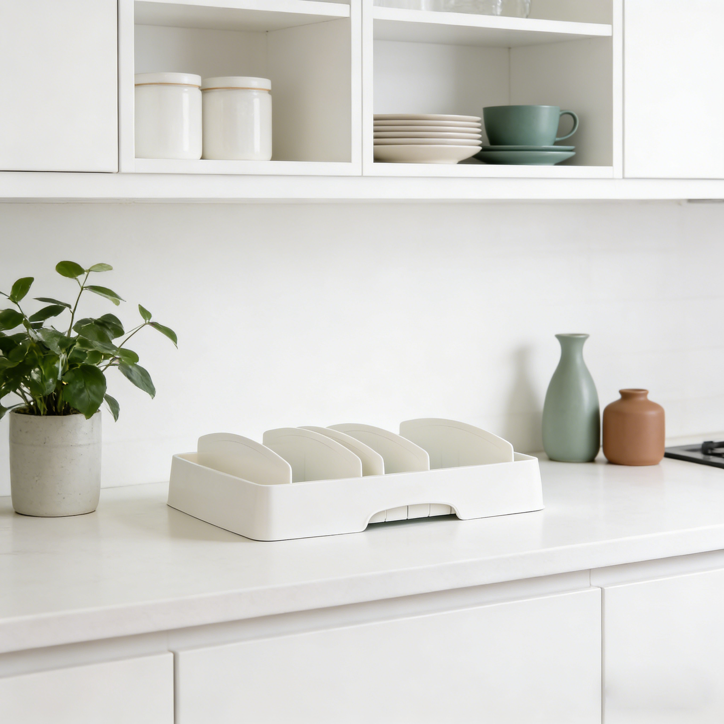 Movlive® Adjustable Kitchen Lid & Storage Organizer - Space-Saving Storage Solution for Cabinets and Drawers