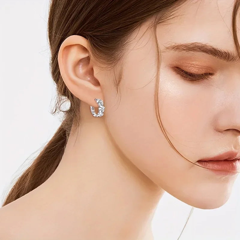 Sterling 925 Silver Exquisite Camellia Pattern Hoop Earrings Cute Elegant Style Delicate Gift For Women Girls Daily Casual