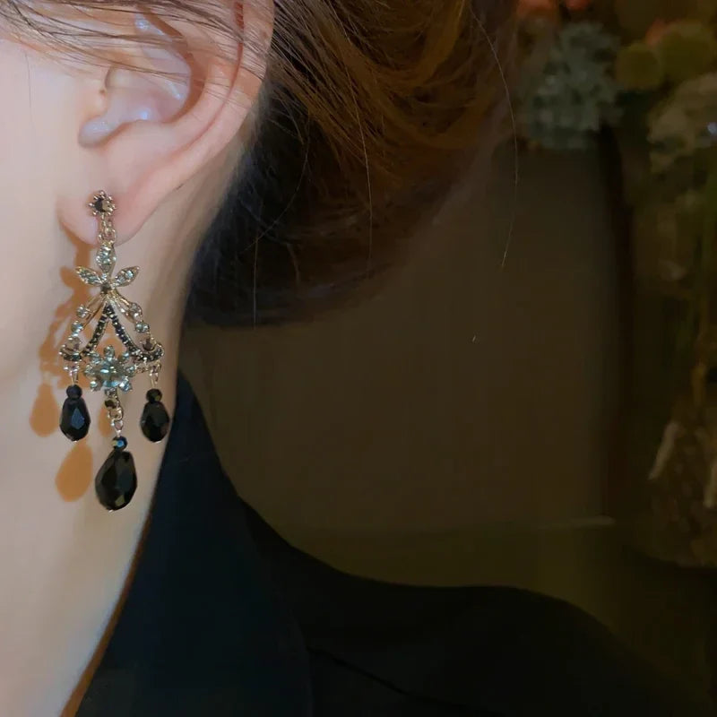 Vintage Black Color Flower Drop Earrings For Women Gothic Geometric Butterfly Heart Wings Earring Party Jewelry