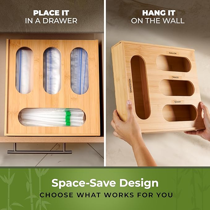 Movlive® Bamboo Plastic Bag Organizer for Drawer, Space-Saving Kitchen Storage