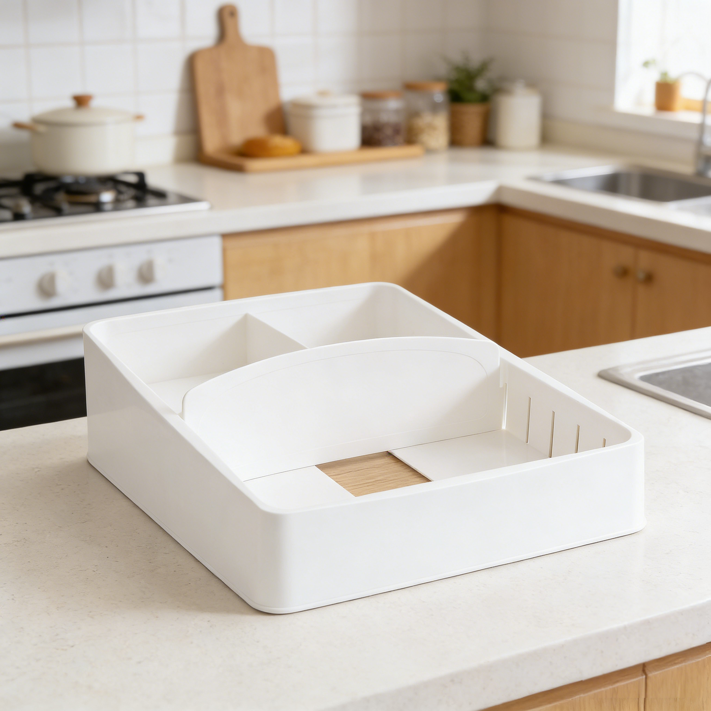Movlive® Adjustable Kitchen Lid & Storage Organizer - Space-Saving Storage Solution for Cabinets and Drawers